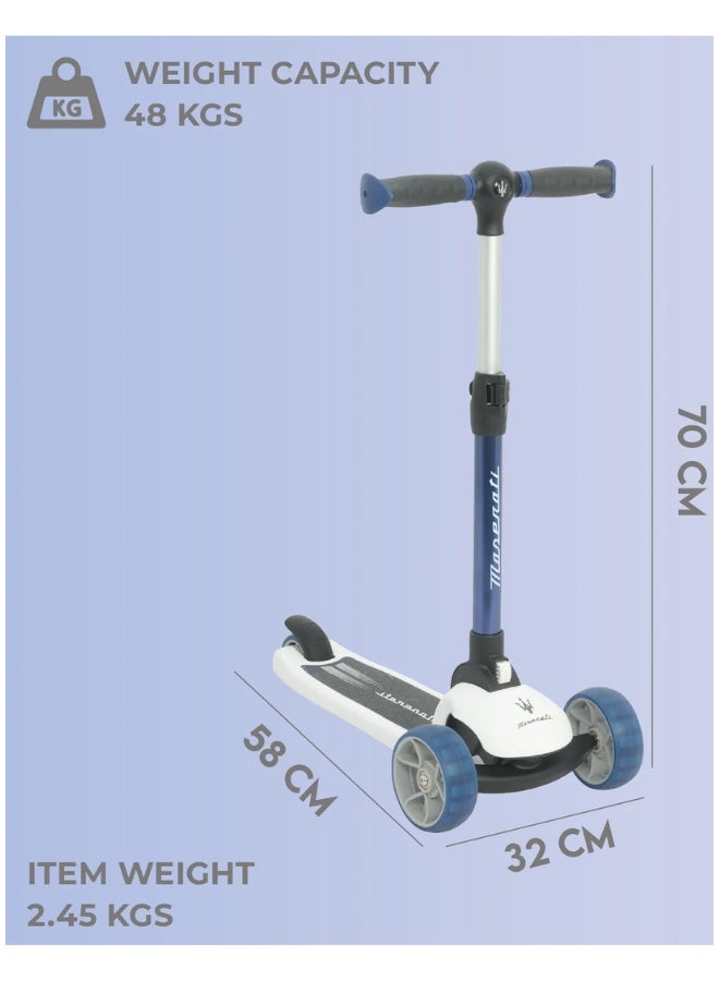 DAT Maserati Kids 3-Wheel Scooter with Flashing PU Wheels, Lean-to-Steer, Foldable Design, Height Adjustable Handlebar, Rear Brake, 48 kg Capacity (58 x 32 x 70 cm) - Image 5